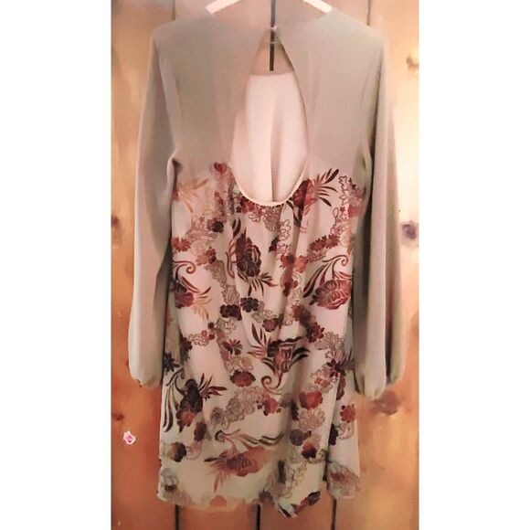 She + Sky Tan with Brown Floral Sheer Long Sleeve Short Lined Shift Dress Medium - Picture 2 of 9